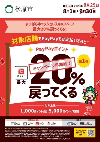 「まつばらキャッシュレスキャンペーン　最大20％戻ってくる！」セブンパーク天美利用可能店舗