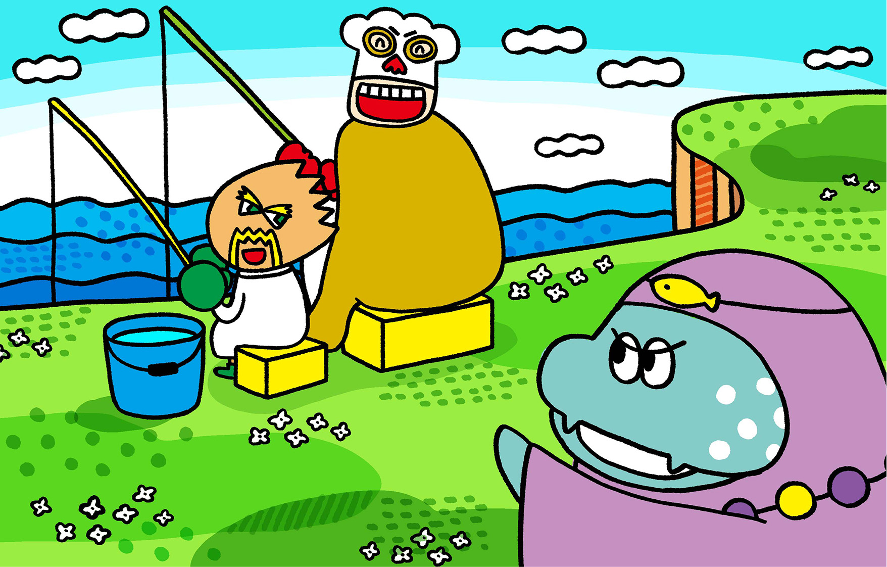 釣りをしているドクピーとコック－に話しかけるマリアンヌ。