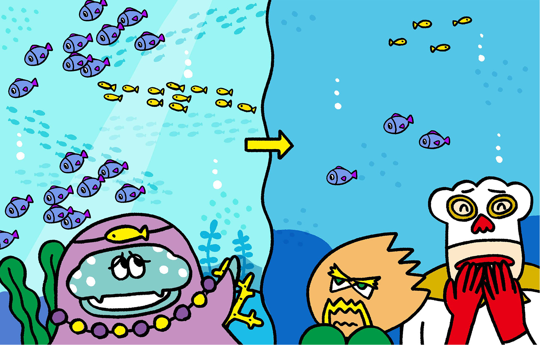 マリアンヌの話を聞いて海の中の魚が減ったところを想像し、不安になっているドクピーとコック－。