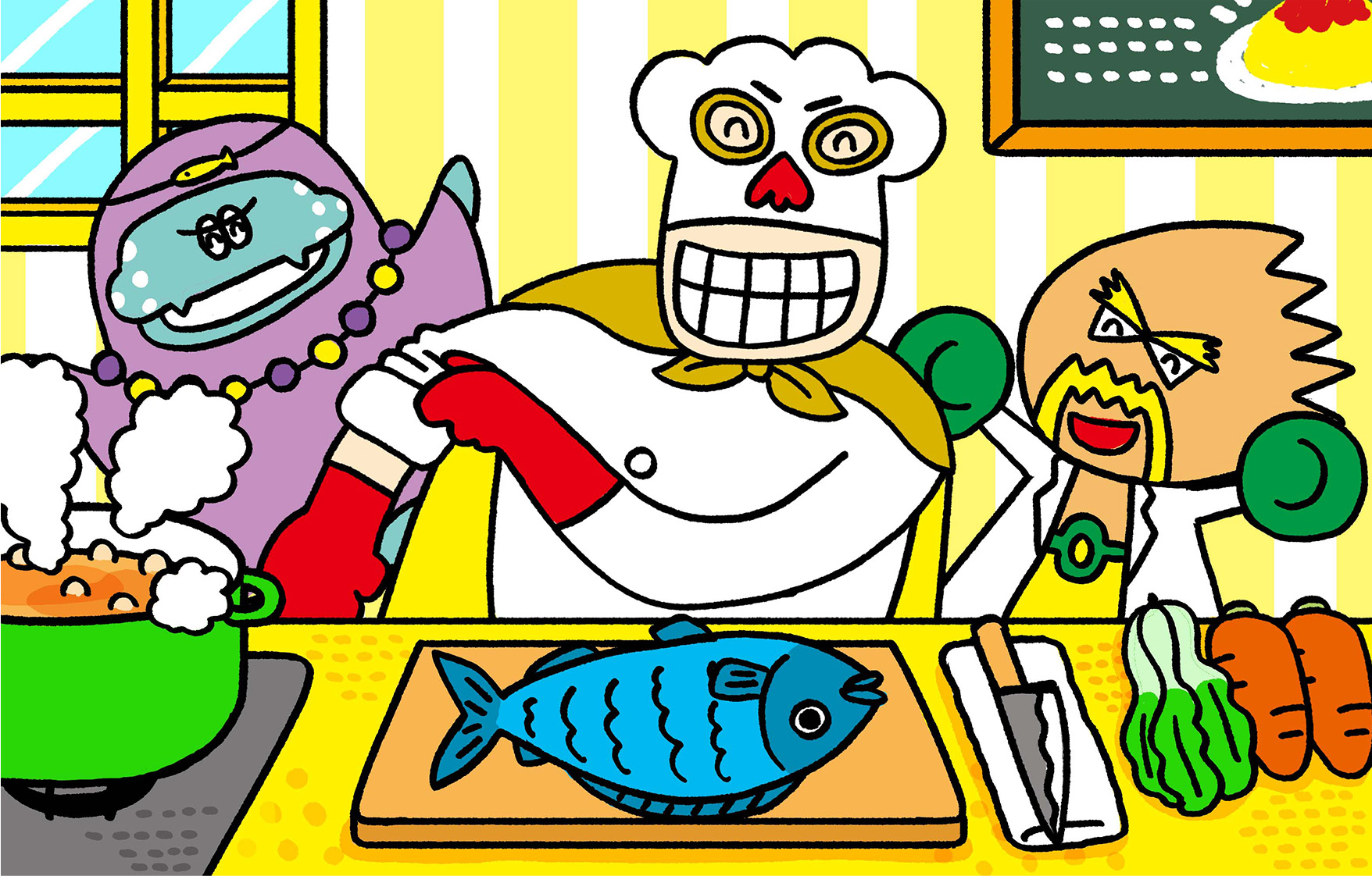 海でとった魚を料理しようとしているコック－。ドクピーとマリアンヌが見守っている。