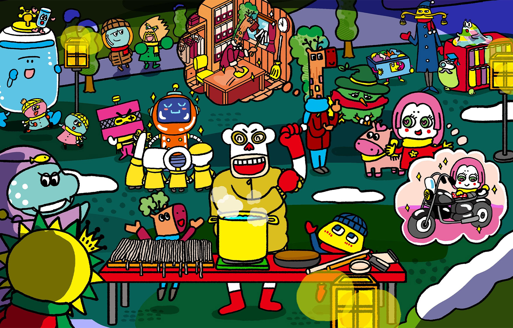 大みそか、広場になかまたちがあつまっている。年越しそばを作ろうしているコック－。