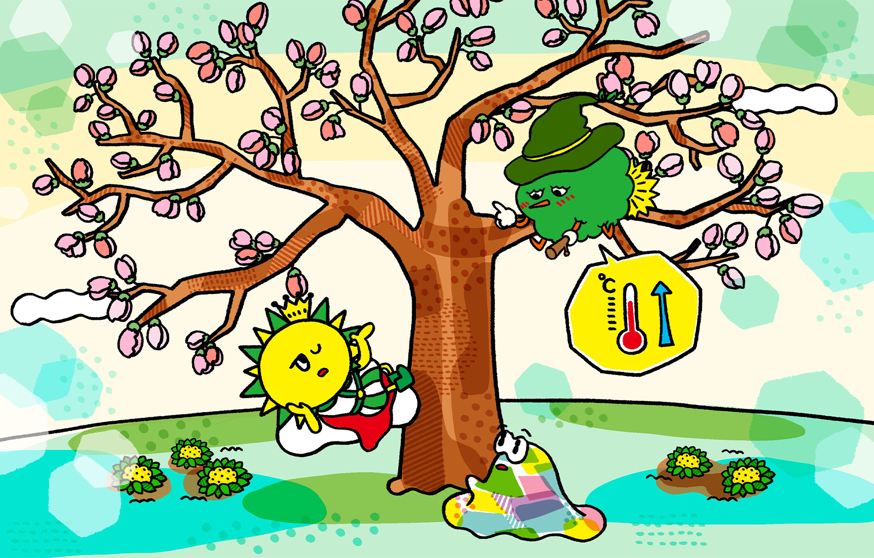 桜の木の下で、花が咲くことを待ちわびているウェザリンとアルケミ。ウィザーが楽しそうに見ている。